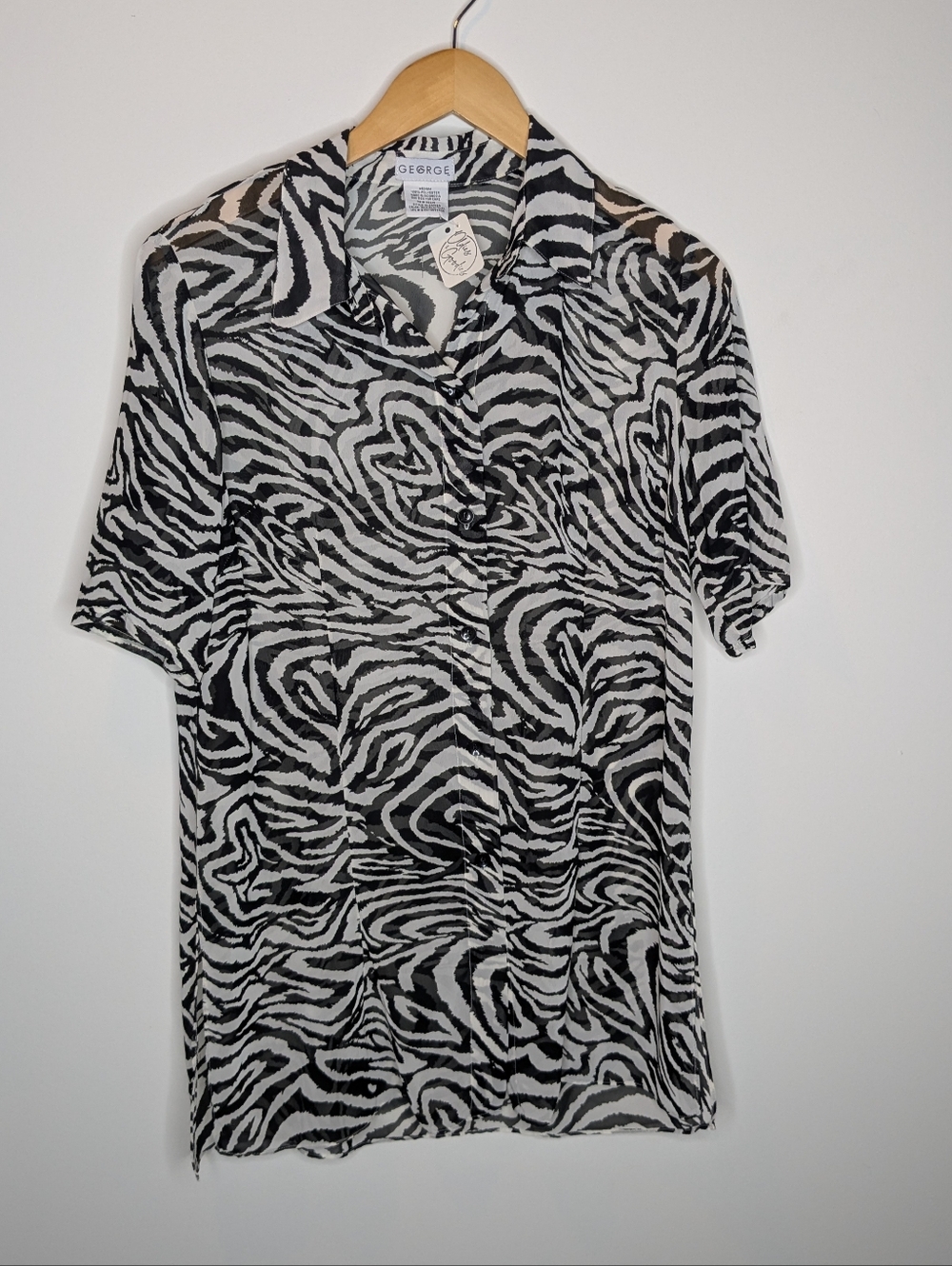 Black & White Zebra Print Short-Sleeve Shirt Sheer Medium Y2K